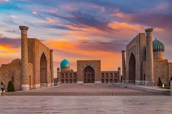 The three madrasahs of Registan Square, Samarkand, at sunset