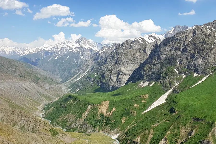 Green valleys and snow peaks in Tajikistan